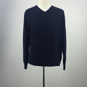 TAHARI LS V Neck Navy Blue Merino Wool Blend Shirt L